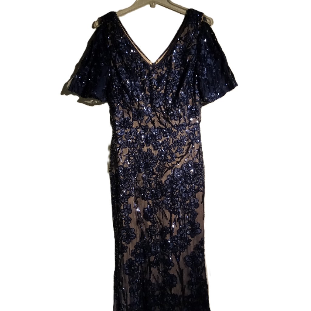 Alex Evenings Nwt Navy Blue Floral Sequin Maxi Dress Size 10 Nude Lining Nwt